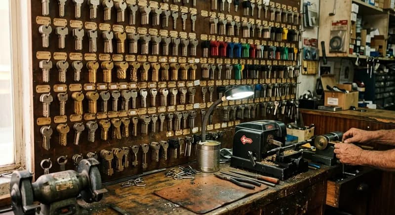 Parede de palhetas de chaves penduradas em ganchos
